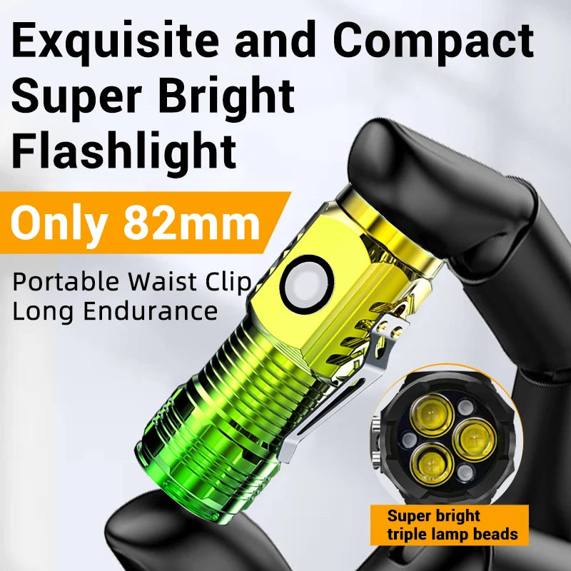 lampe torche rechargeable led vert jaune noir rayures verticales clip ceinture distance éclairage 100
