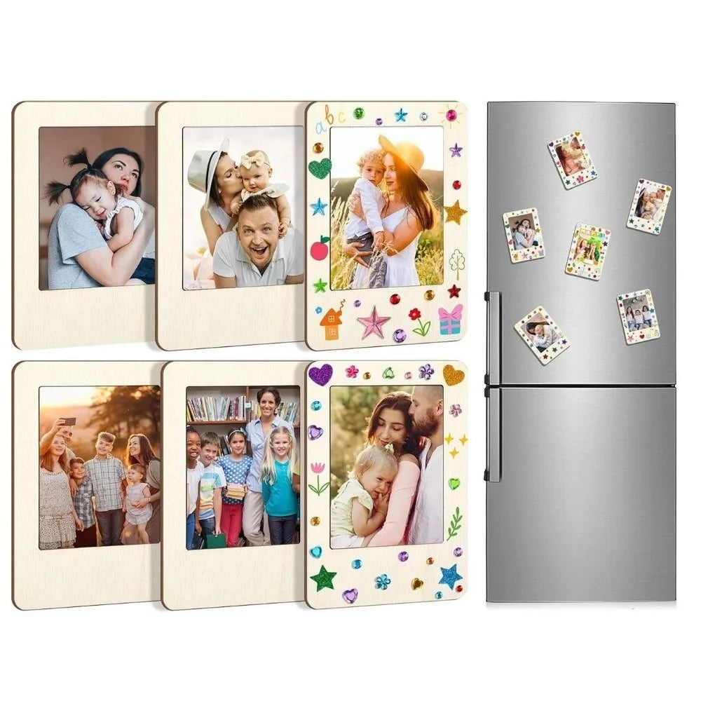cadres photo magnétiques bois beige clair motifs colorés classiques feutres autocollants