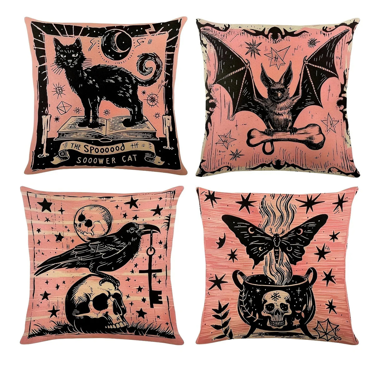 taies d'oreiller gothiques motifs chauves souris chats noirs corbeaux 45x45cm decoration halloween opaques polyester