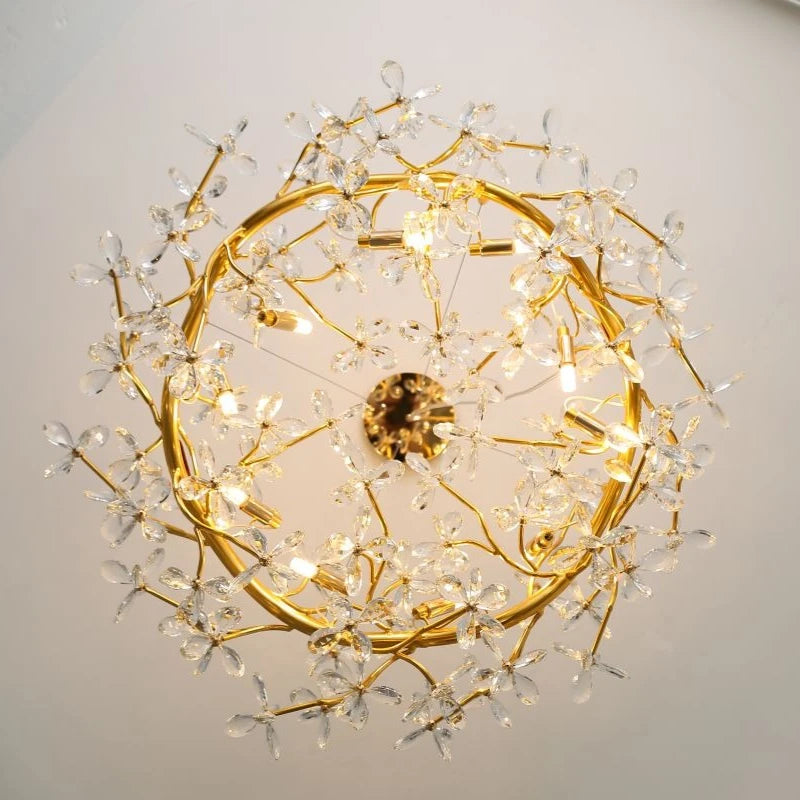 lustre moderne cristal doré branches fleuri transparent hauteur réglable led