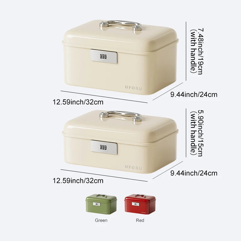boîte rangement verrouillable double couche haute capacité réutilisable beige rouge vert classique poignée métallique