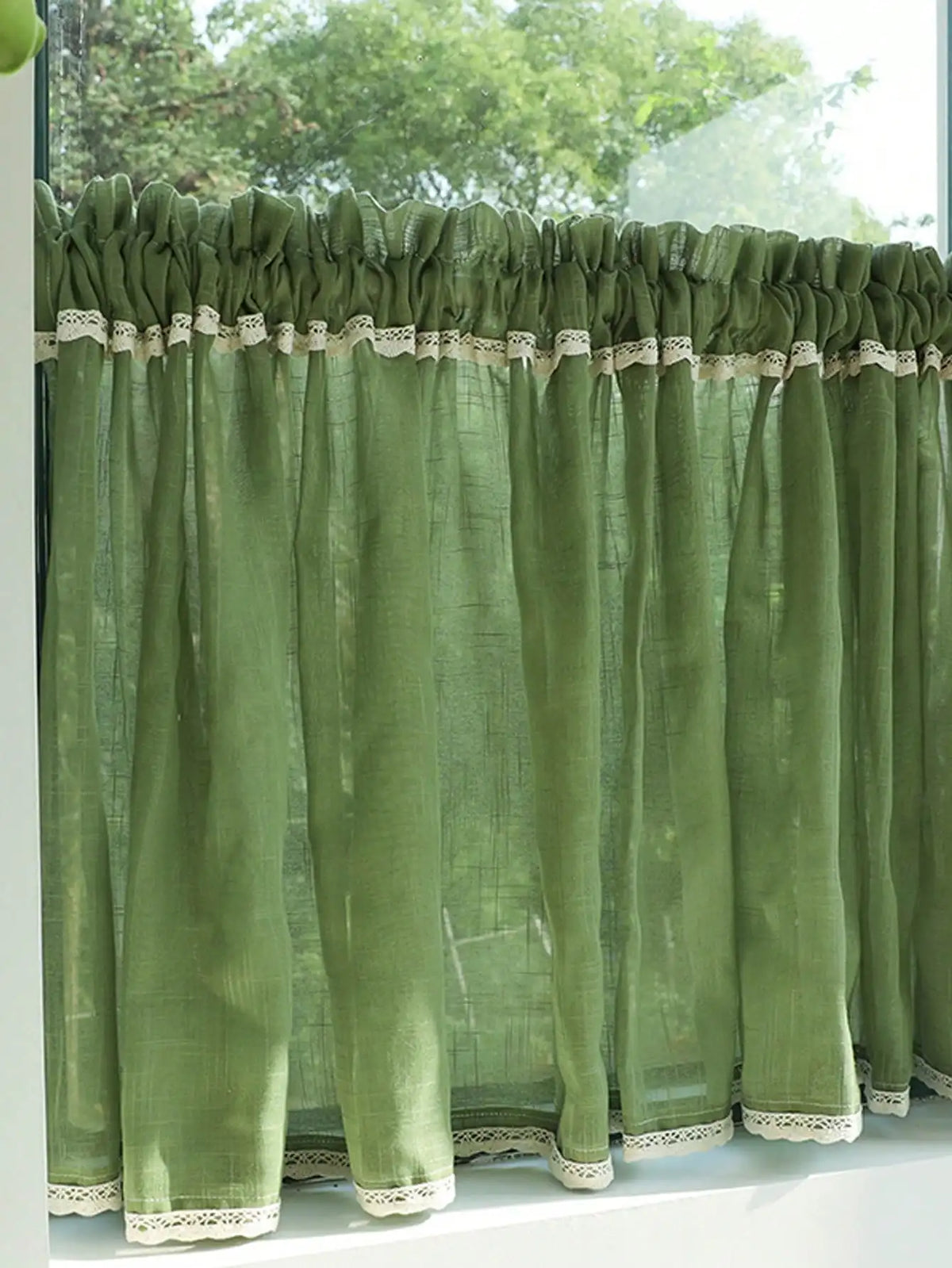 rideau vert olive semi transparent classique texture rugueuse polyester petite fenêtre filtration lumière