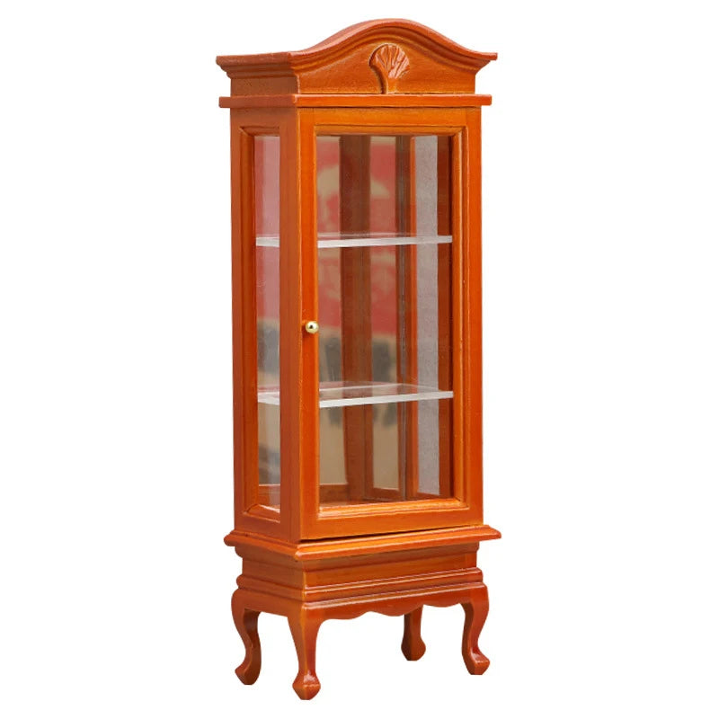 meubles miniatures classiques vintage marron clair blanc rouge orange vitre transparente tiroirs portes étagères