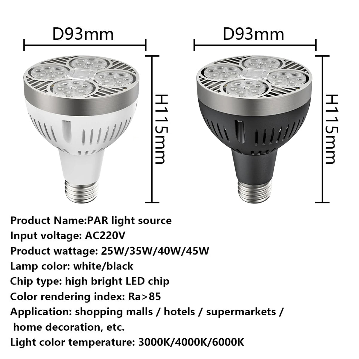 projecteur led par30 ampoule e27 haut flux lumineux moderne salon boutique blanc noir