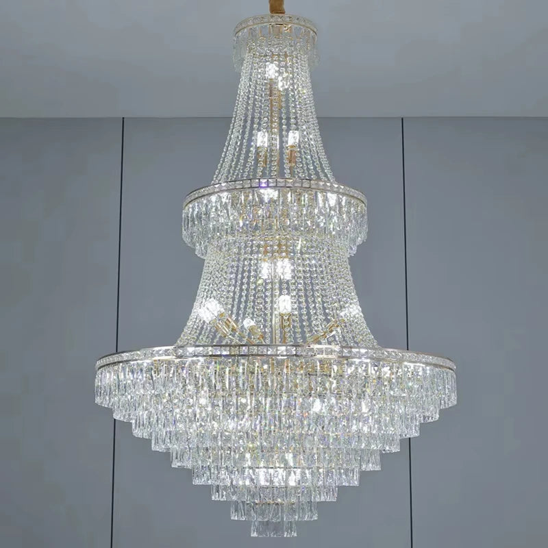 lustre pendentif cristal or hall salon classique 30mètres carrés 20lumières transparents decoration