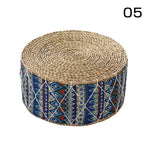 coussin futon rond tissé motifs géométriques beige bleu marine blanc boho rustique