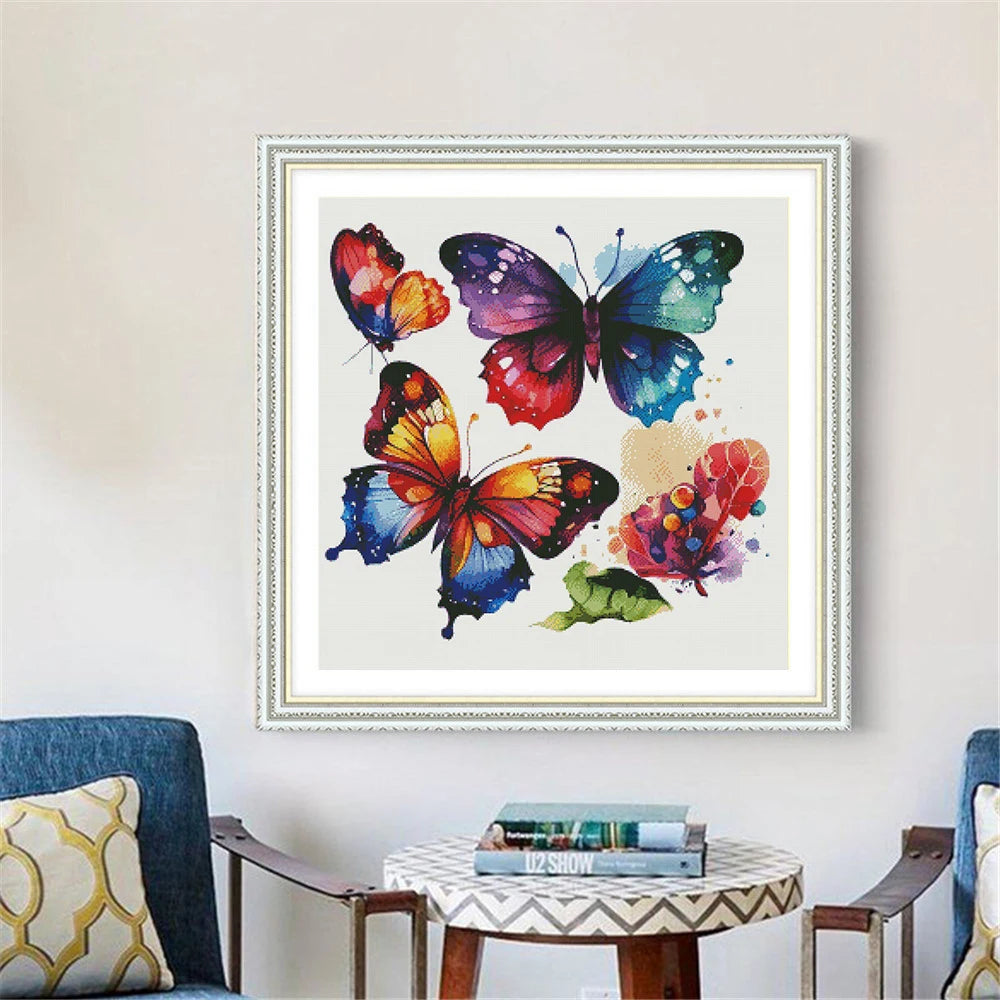 kit broderie point croix toile papillons multicolore cadre doré décoration maison moderne artistique