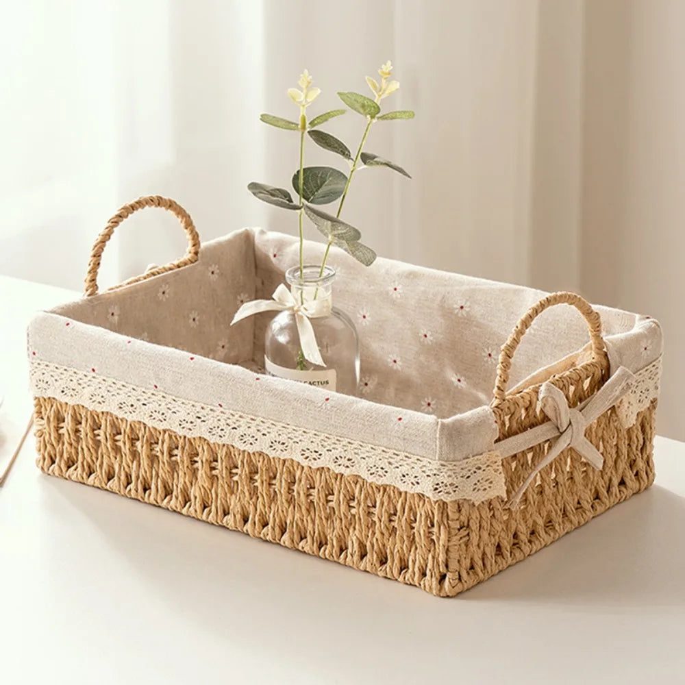 panier tissé paille tressée rustique beige clair motif floral rangement jouets fruits légumes vintage