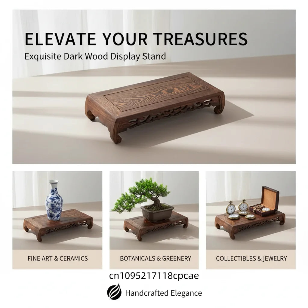 support présentation bois sculpté marron foncé grain naturel classique artisanal stand unique