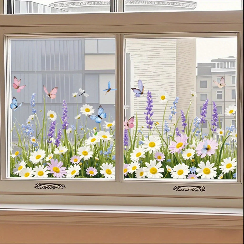 autocollants muraux fleurs papillons herbe contemporains blanc jaune rose violet bleu vert rouge pvc