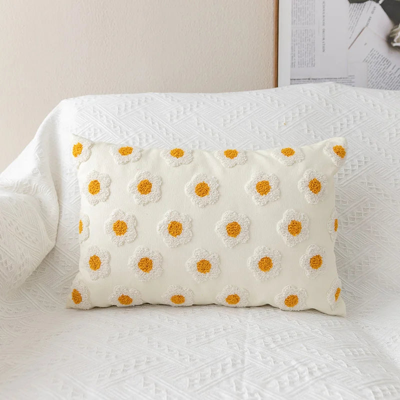 housse coussin brodée fleurs blanches jaunes coton polyester 30x50cm zip open décorative salon voiture