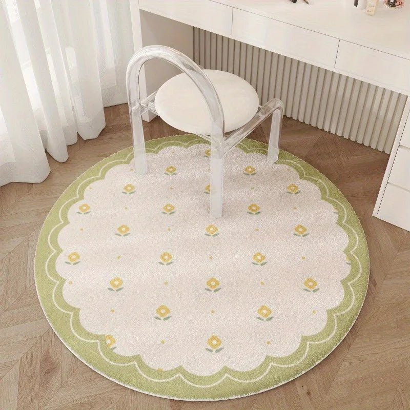 tapis rond fleurs roses moderne doux salon chambre sol intérieur polyester bordure dentelée joyeux