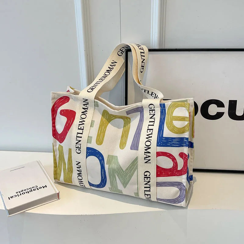 sac main femme toile imprimée lettres colorées poche téléphone décontracté fermeture éclair blanc polyester