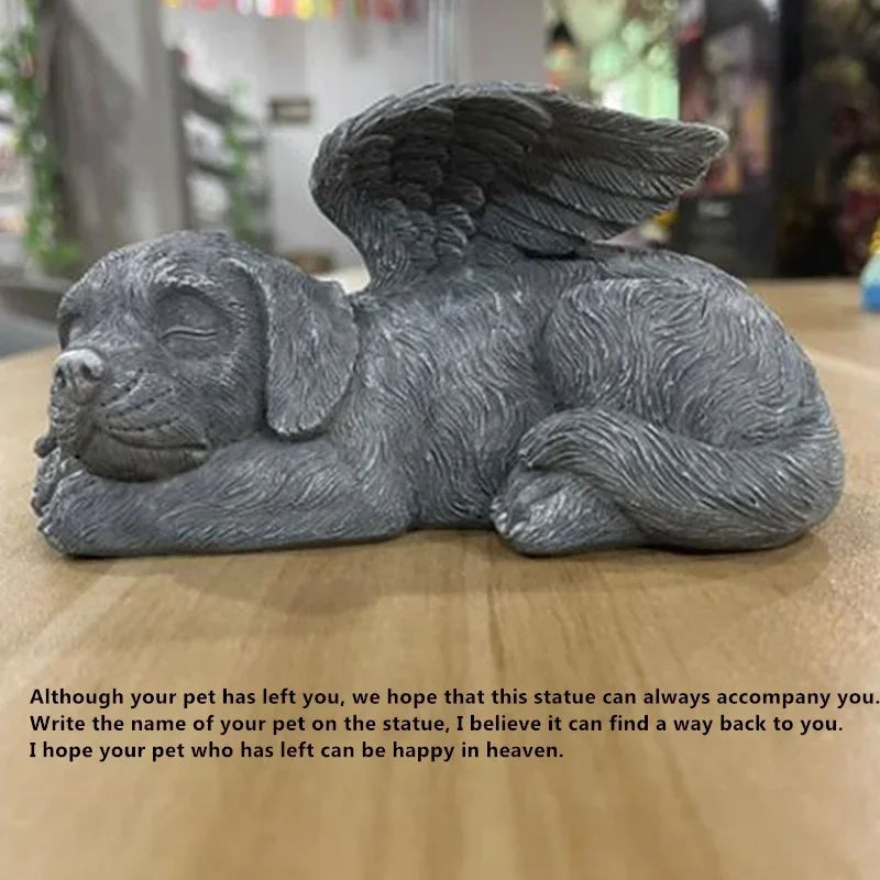 statue ange resine chien chat ailes plumes decoration exterieur gris clair commémoration animal décédé