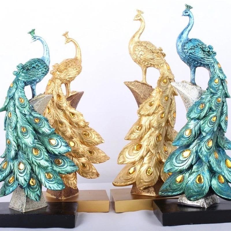 statues oiseaux plumes dorées bleu vert artisanal décoration maison ornement cave vin salon unique