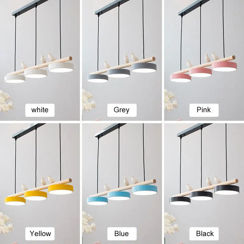 lampe suspendue moderne minimaliste led gris blanc rose jaune bleu oiseaux résine bois