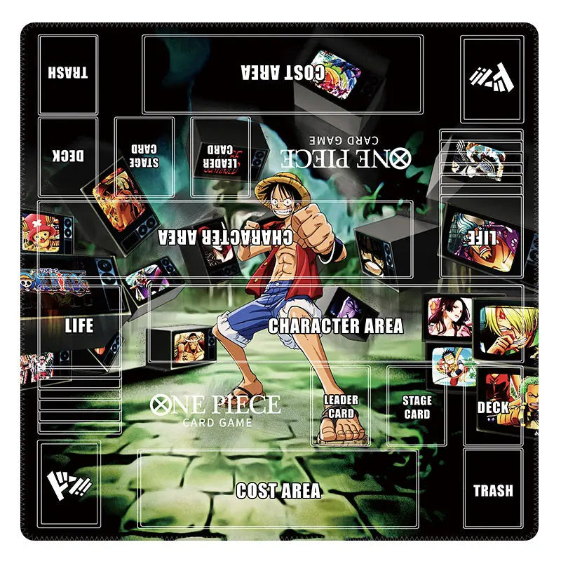 tapis jeu cartes one piece noir rose bleu marine zones jeu personnages