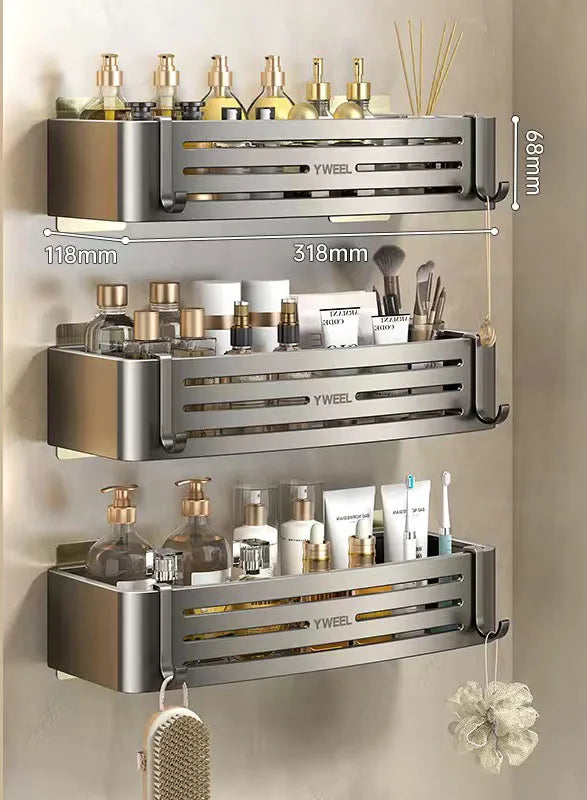 étagère murale moderne trois niveaux gris métallisé adhésif salle bain porte savon porte serviettes