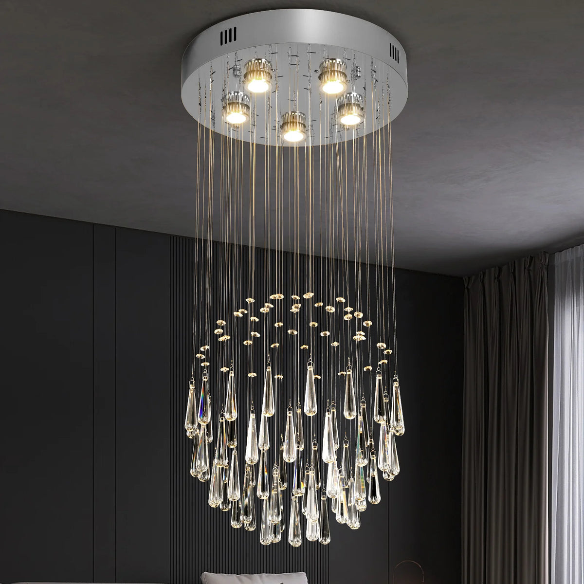 lustre suspendu moderne cristal argenté gouttes transparentes intérieur luxe