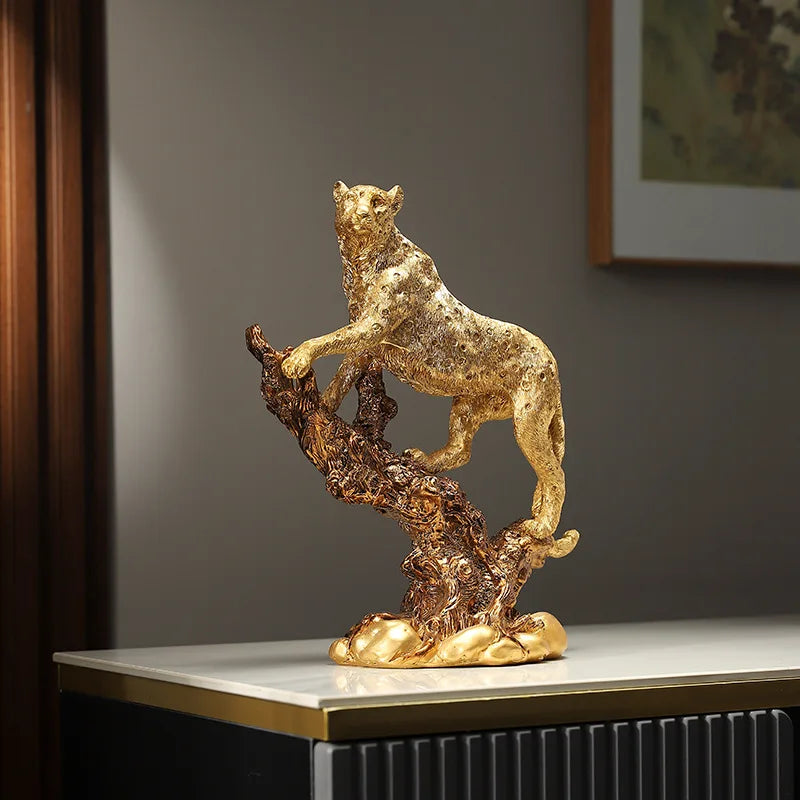 sculpture léopard or doré résine moderne branche animaux décoration intérieure tableaux étagères vitrine