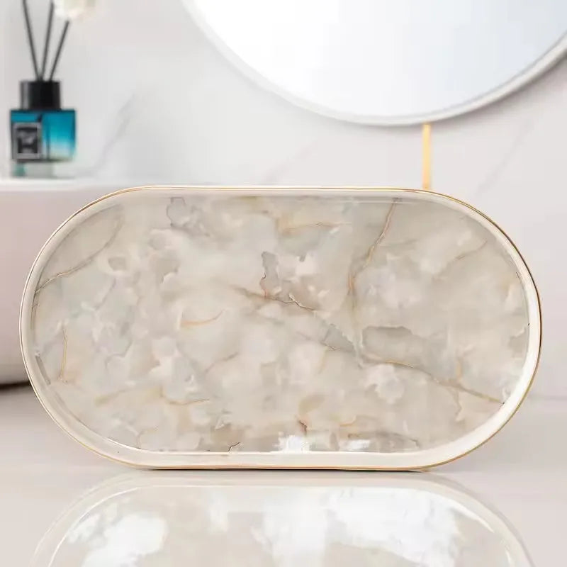 ensemble vaisselle salle bain marbre blanc gris or classique tasses poignées dorées porte brosse