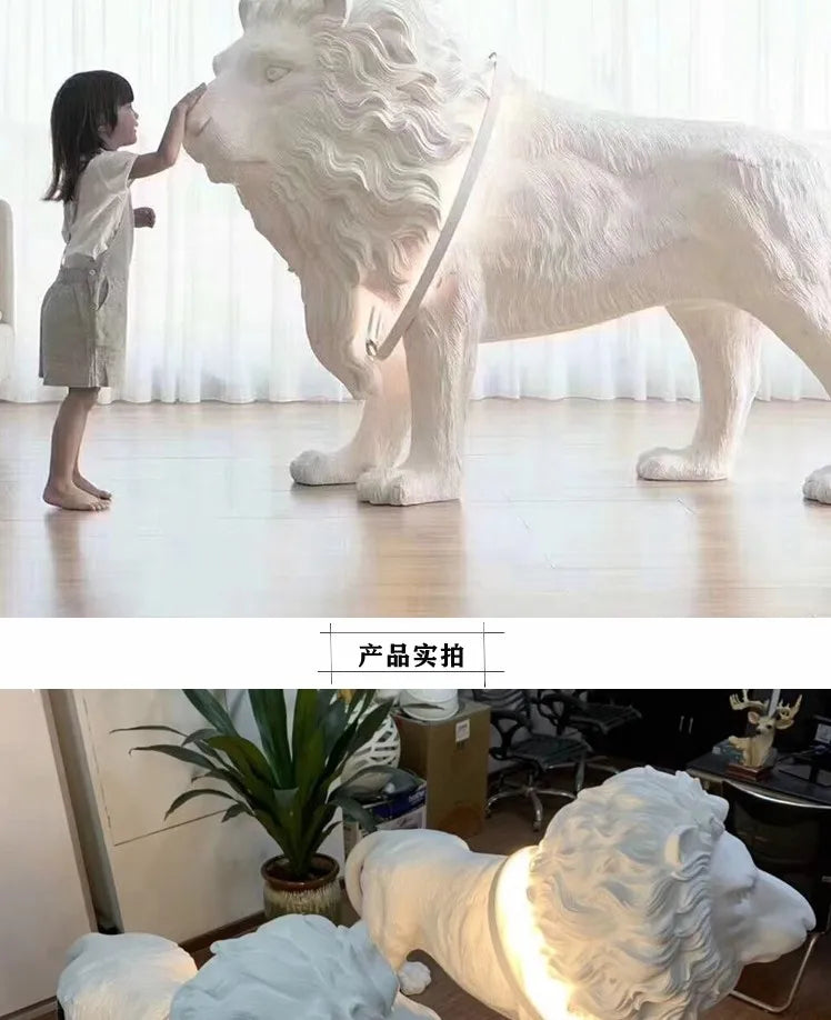 statue lion blanc réaliste sculpture résine décoration intérieur salon grand ornement animal collier