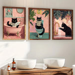 affiche toile chat noir toilettes plantes papier peint vintage humour illustration wall art decoration
