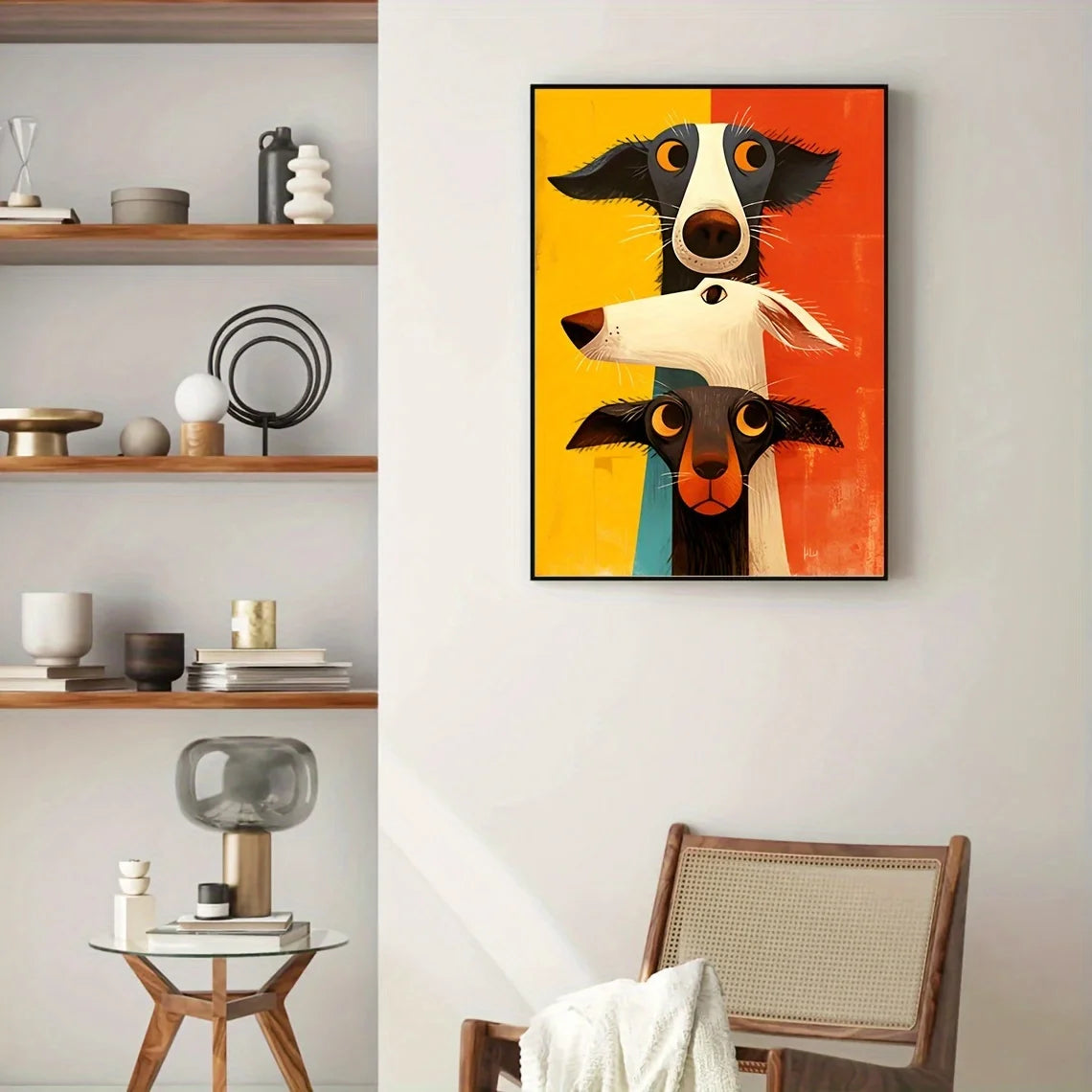 tableau moderne impression toile visage animal stylisé jaune orange bleu opaque décoration chambre sans