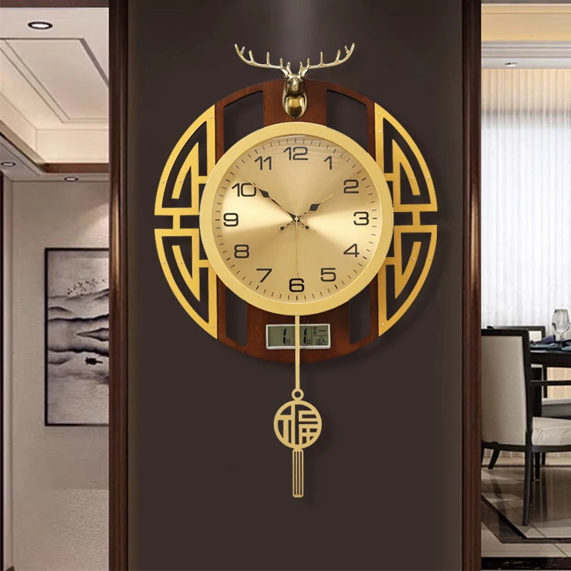 horloge murale moderne or marron chiffres géométriques cerf décoration salle