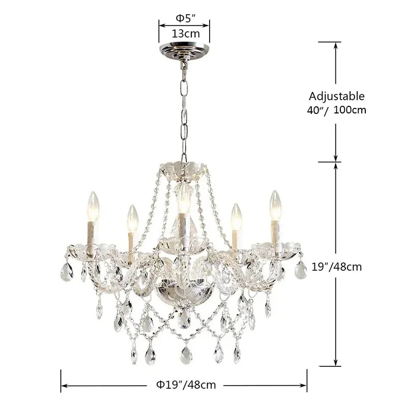 chandelier cristal transparent argenté classique baroque bougies led luminaire suspension salon chambre