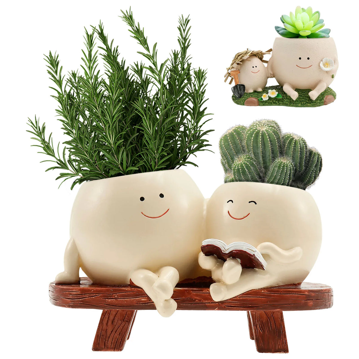 cache pot résine visage souriant plante verte intérieur extérieur moderne herbe cactus décoration maison