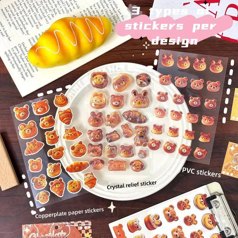 stickers 3d relief transparents pain ours bébé chat marron beige doré scrapbooking téléphone