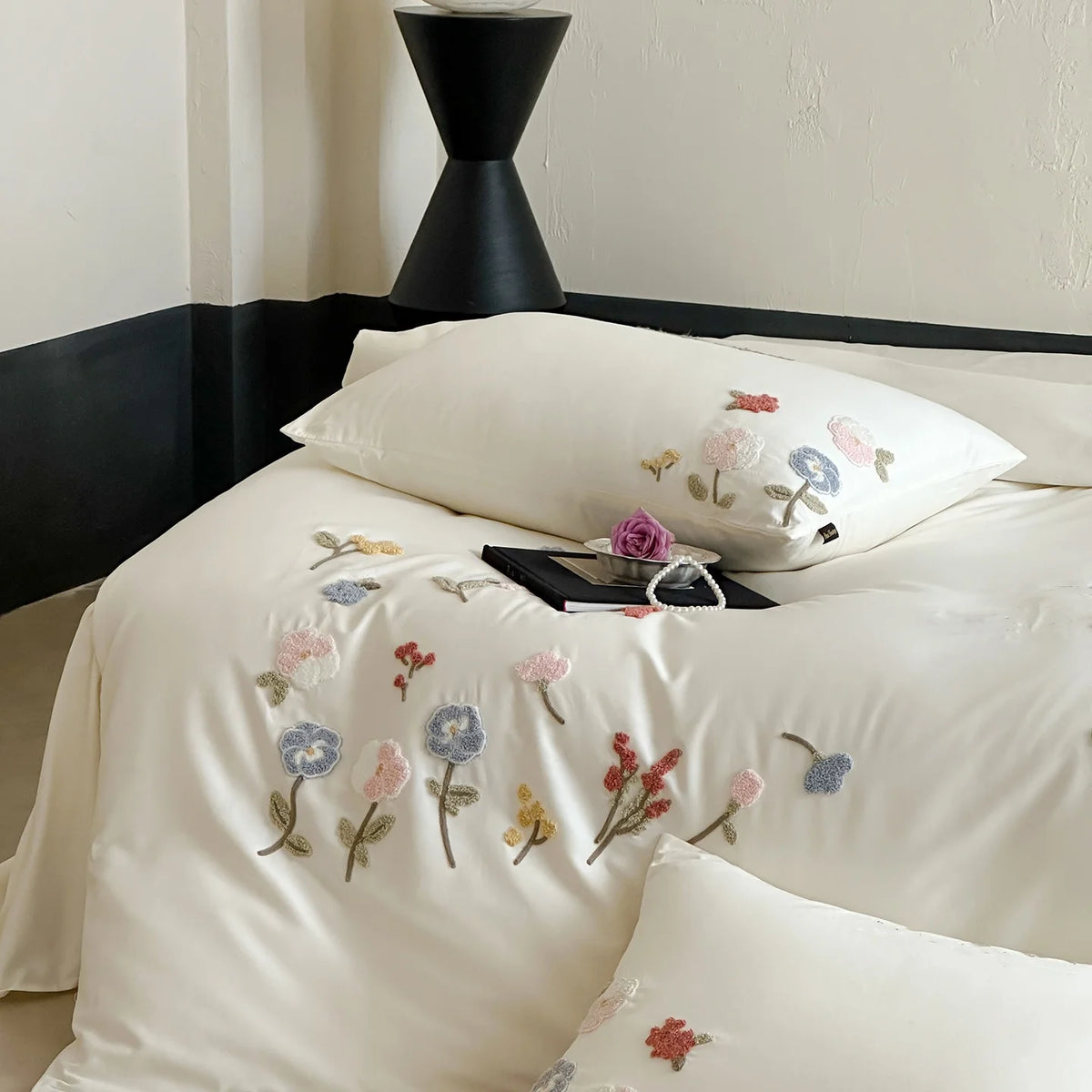 ensemble literie brodé fleurs blanc moderne 100 polyester pièces taies oreiller couvre lit housse