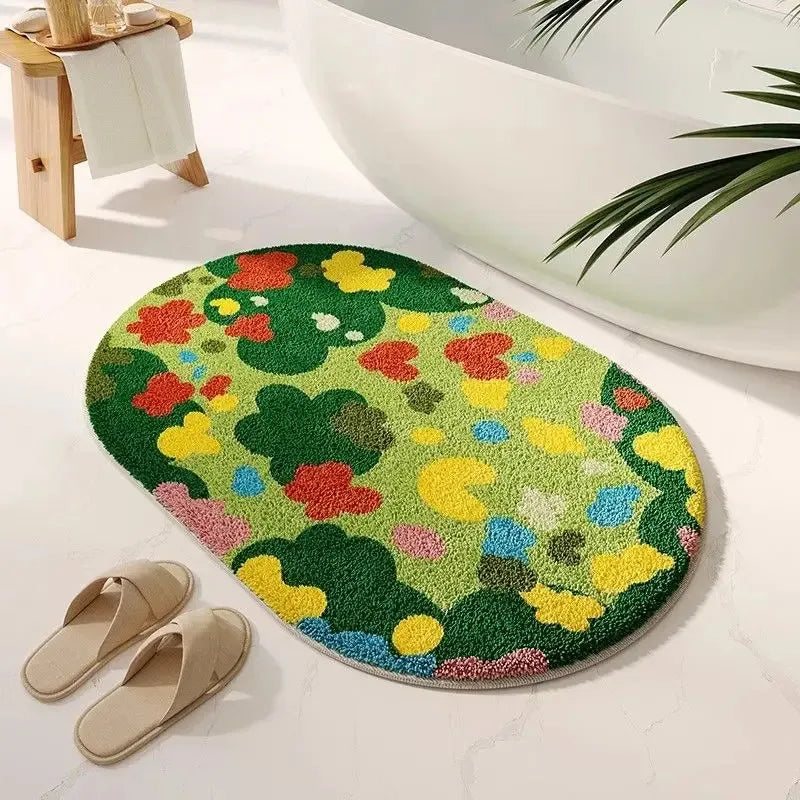 tapis bain moderne fleurs colorées résistant l'eau antidérapant vert blanc jaune rose bleu orange