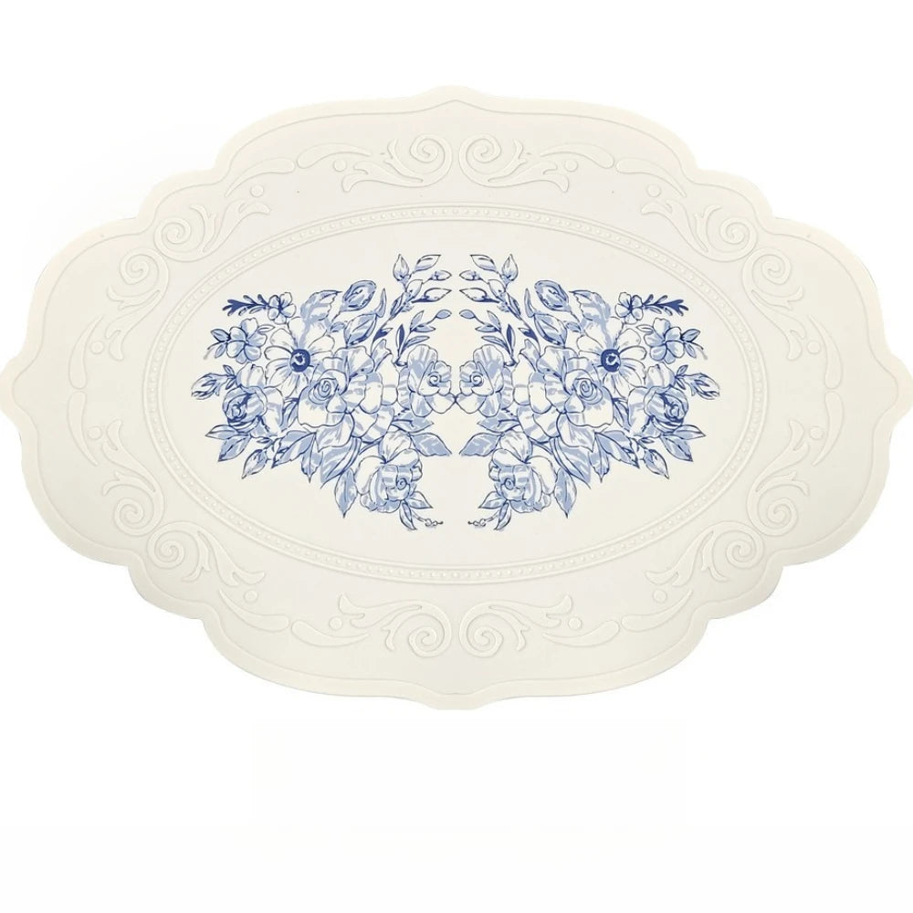 assiette fleur bleue silicone classique vintage beige blanc respectueuse environnement