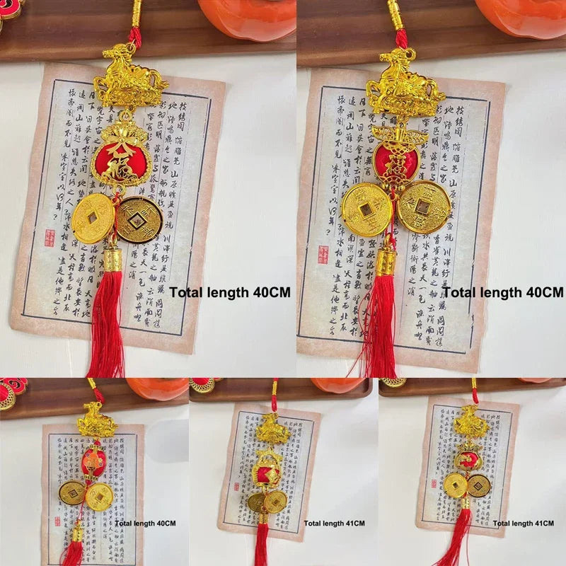 décoration murale traditionnelle chinoise motifs floraux or rouge blanc pièces d'or rubans pompons caractères
