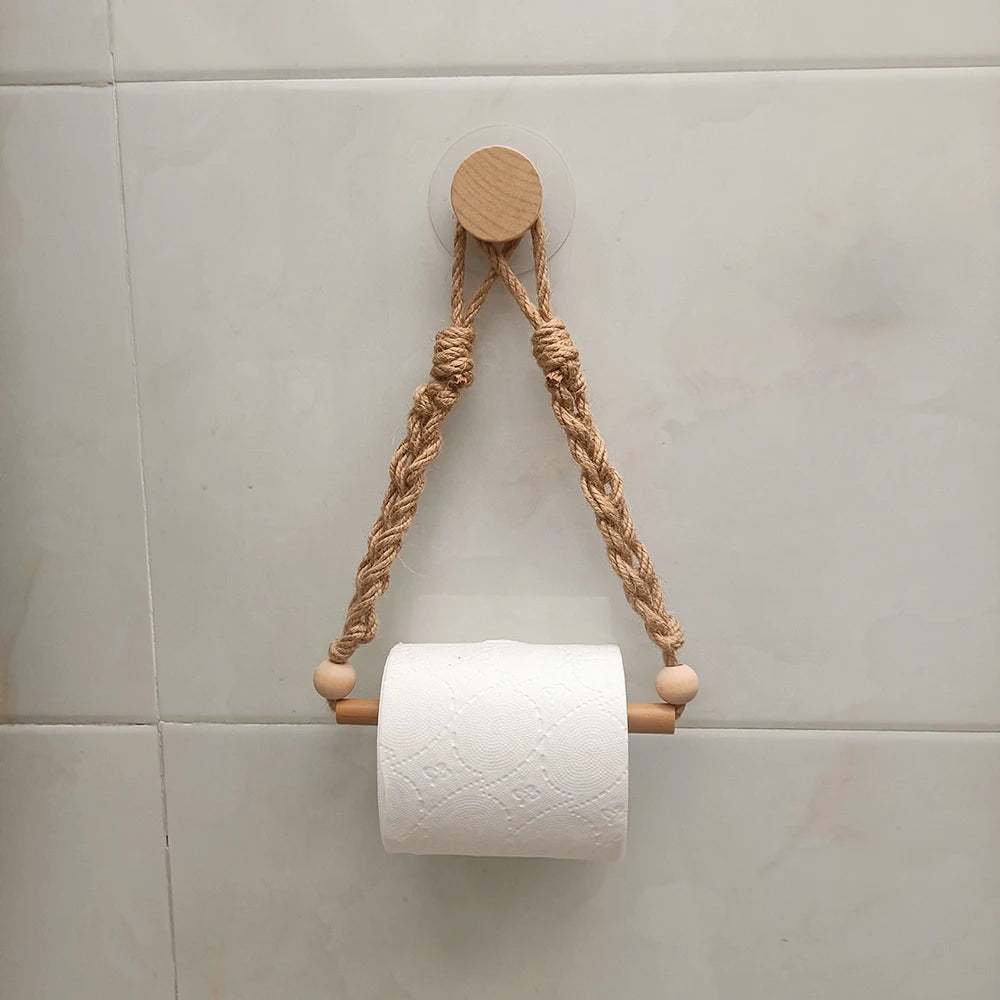 porte papier toilette bohème bois clair beige corde fixations murales rustique 25cm 15cm