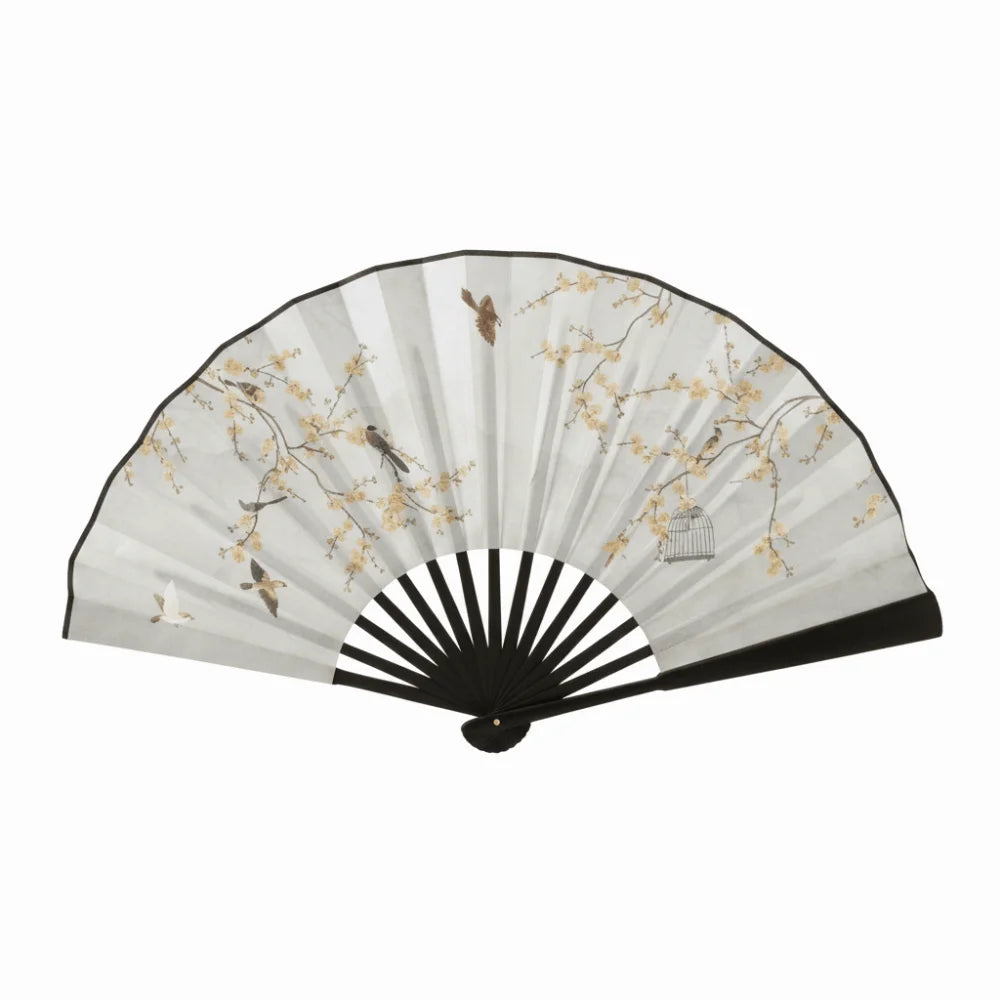 éventails pliants traditionnels chinois fleurs papillons calligraphie paysages noir blanc bleu gris rose support