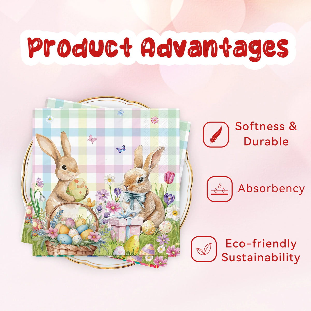 serviettes multicolores lapins poussins fleurs pâques thème fete printemps decoration table usage unique pack