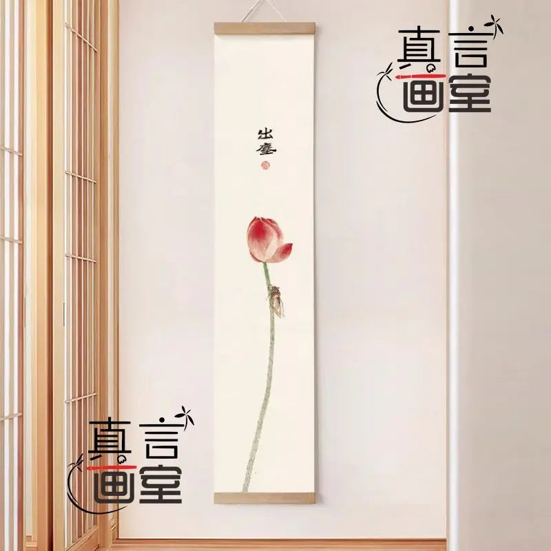 toile suspendue fleurs lotus art traditionnel beige clair rose verte noire rouge insectes texte