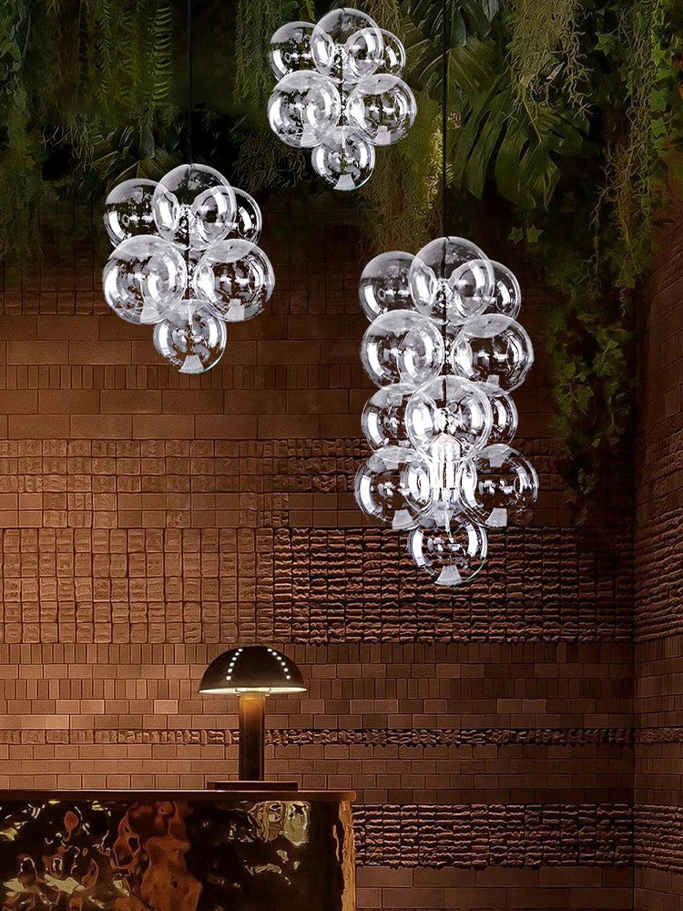 suspension lumineuse verre transparent moderne boules verre câbles acier poli led semi encastré