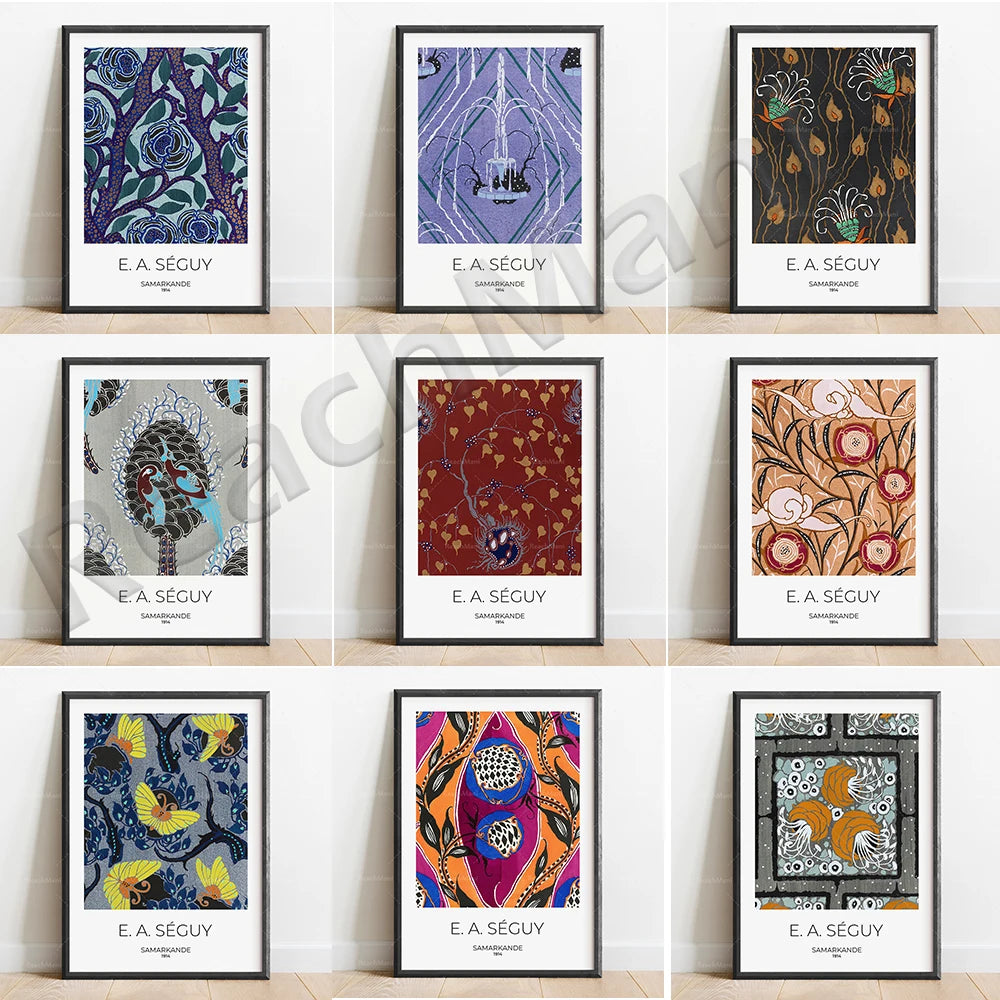 Une collection d'œuvres d'art décoratif dans différents styles et motifs colorés, signées E.A. Séguy, artiste français reconnu pour ses designs inspirés de la nature.