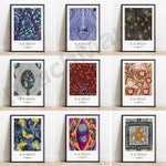 Une collection d'œuvres d'art décoratif dans différents styles et motifs colorés, signées E.A. Séguy, artiste français reconnu pour ses designs inspirés de la nature.