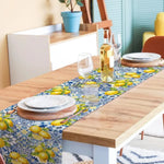 nappe lin bleu jaune motifs citrons géométriques rustique décoration méditerranéenne été printemps hiver noël