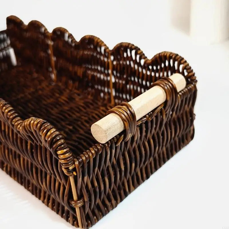 panier rustique tressé marron poignées beige fruits rangement cuisine organisateur rectangle ondulé multifonction