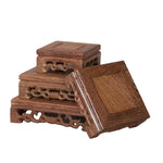 support bois sculpté plateforme plantes stand thé traditionnel artisanal gravures marron décoration jardin