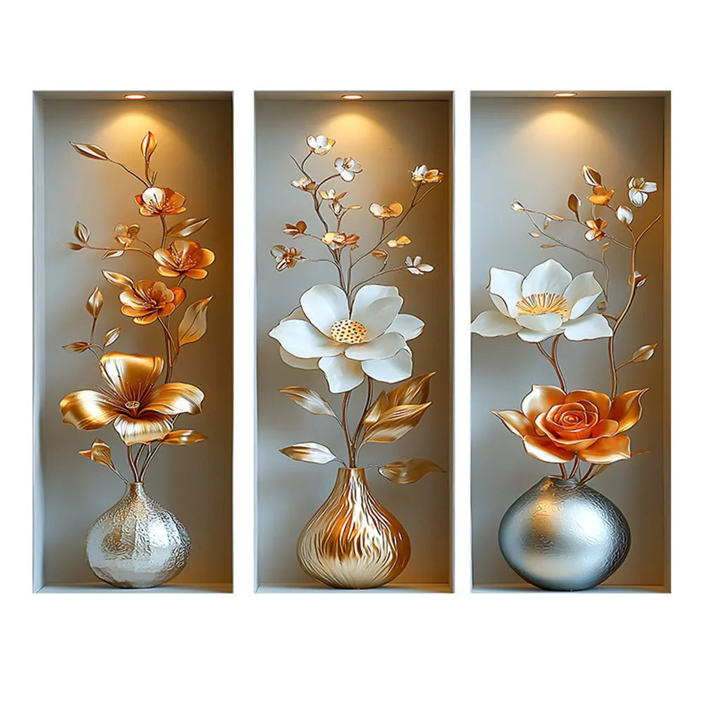 décoration murale autocollant pvc fleurs stylisées or argent blanc moderne élégant rouge bleu rose