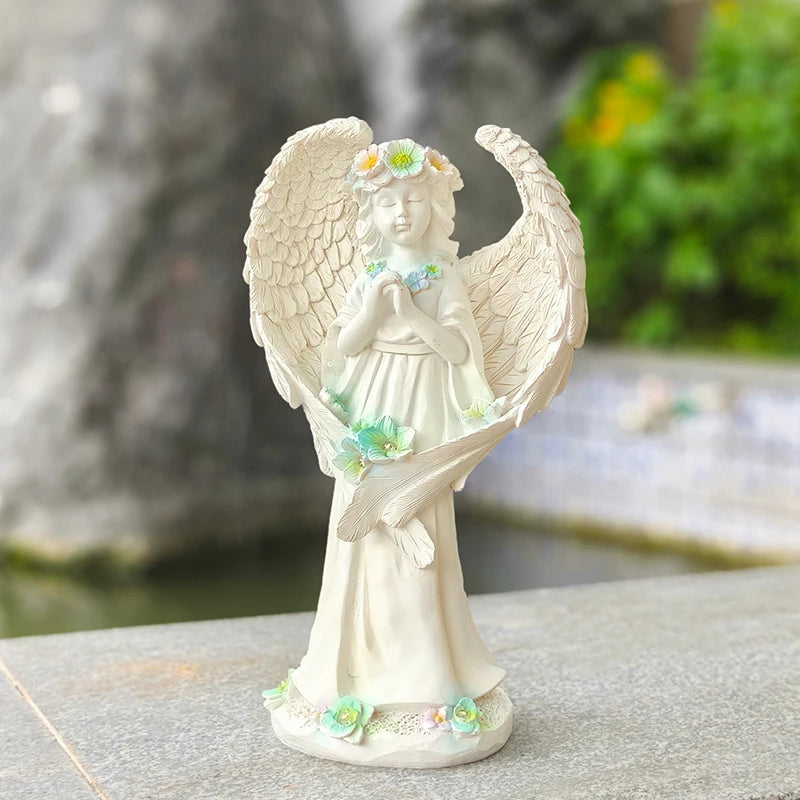 statue ange blanc plumes fleurs base décorative jardin classiqueextérieur résine