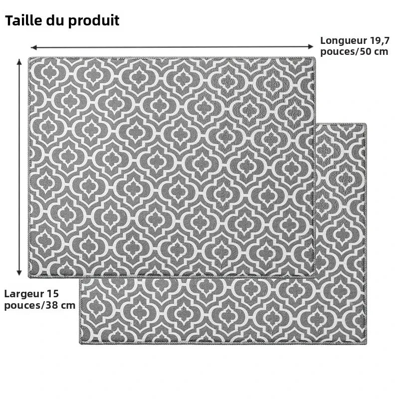 tapis cuisine gris blanc motif géométrique moderne assiettes verres couverts bol cuillère assaisonnement 50cm