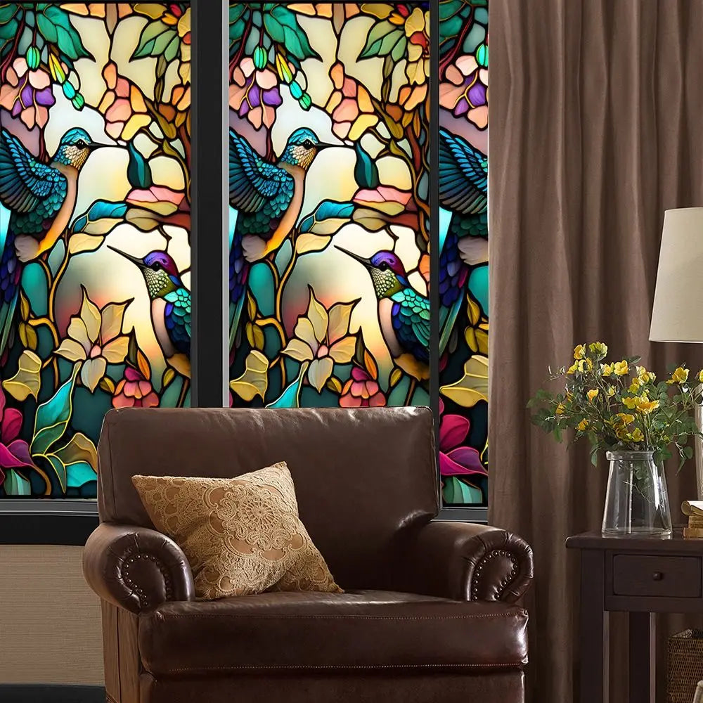 décoration fenêtre fleurs oiseaux art deco adhésive multicolore résistante usure pvc transparente